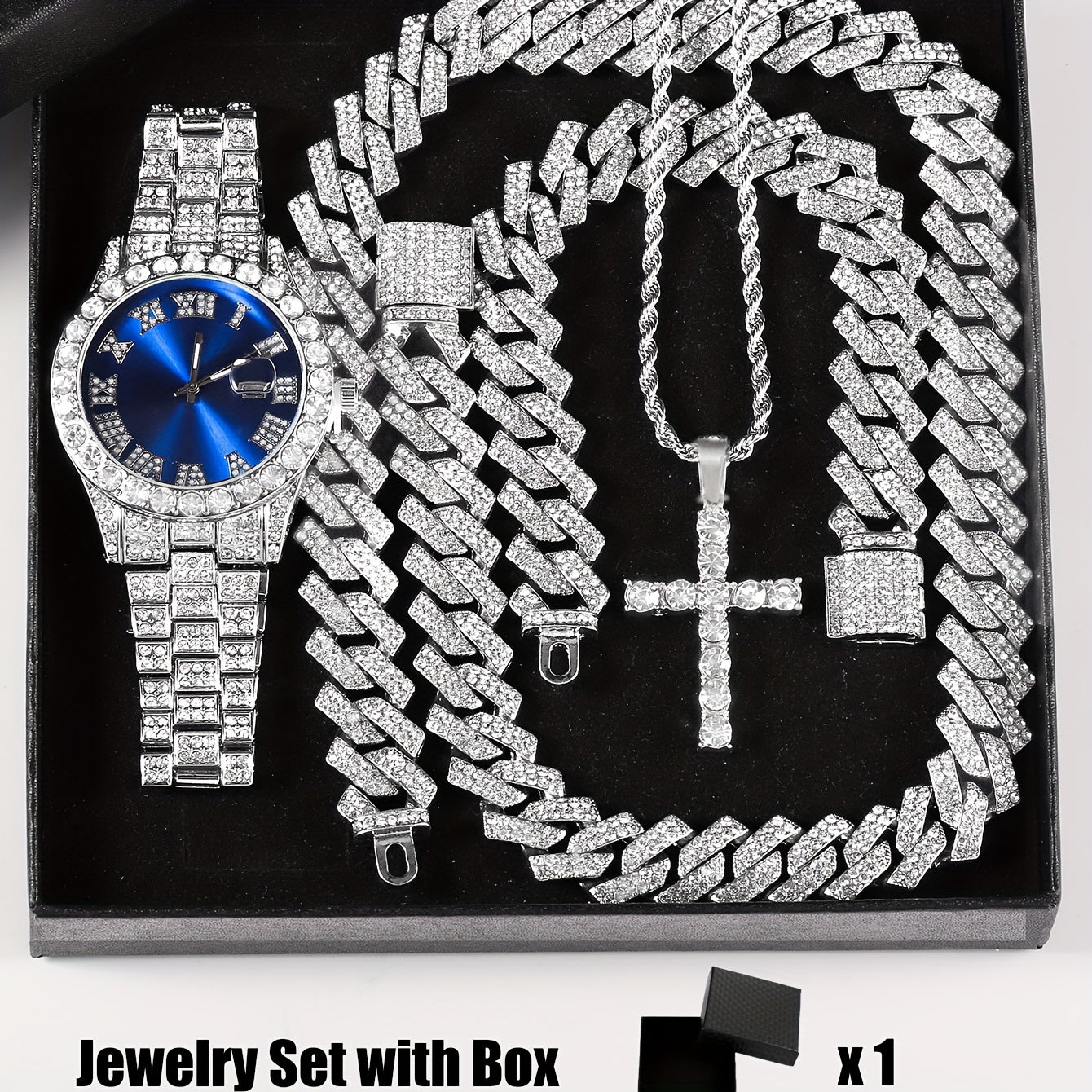 Men's and Women's Jewelry Set with Rhinestone Watch and Cross Pendant