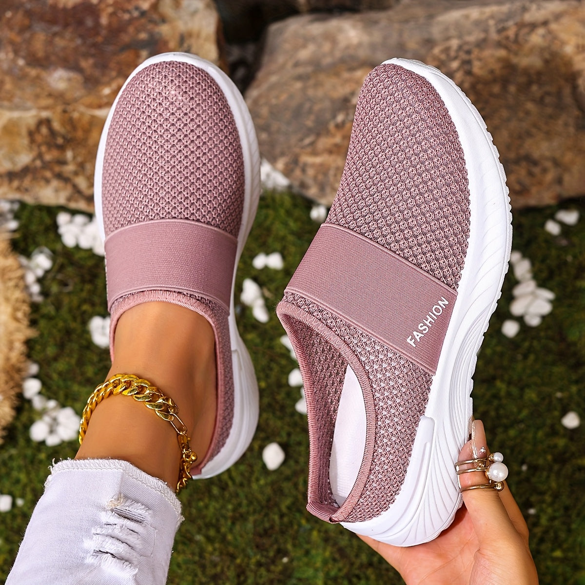 Women's White Slip-On Casual Sneakers Breathable Fabric Lightweight PVC