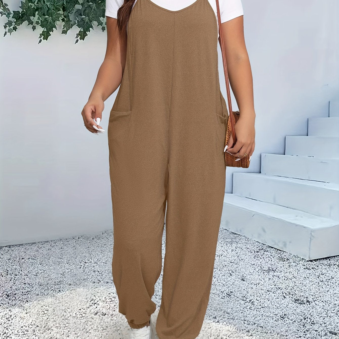 Plus Size Casual V-Neck Jumpsuit with Pockets Polyester Knit Spring Summer Fall