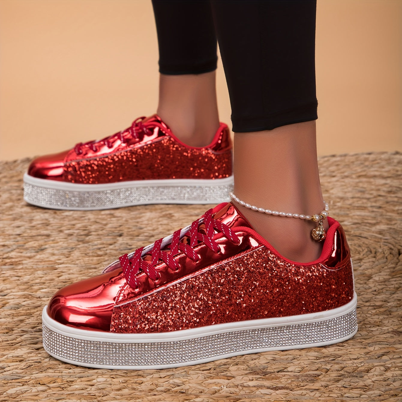 Women's Glitter Skate Shoes Casual Lace-Up Low Top Sneakers