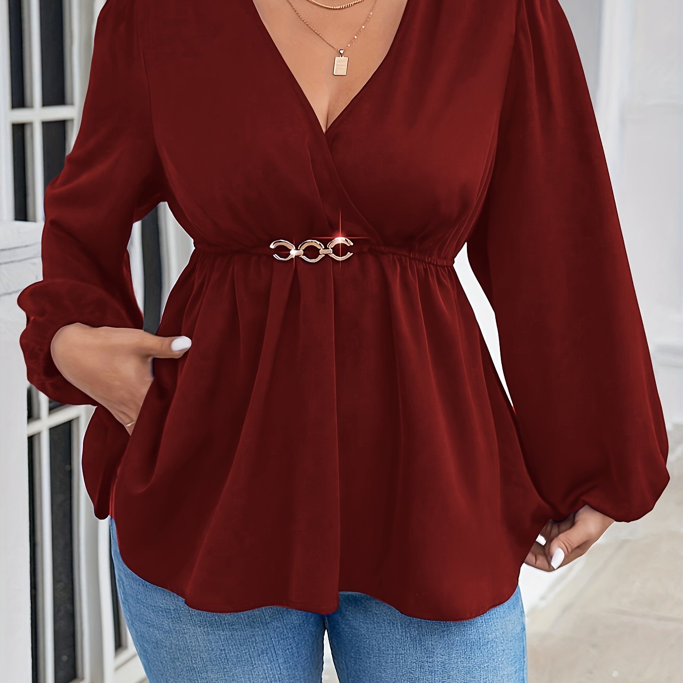 Women's Plus Size V-Neck Lantern Sleeve Blouse Stretchy Polyester Spandex