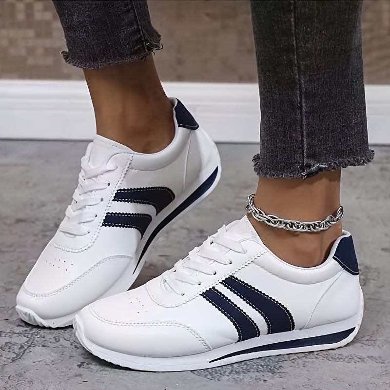 Women's White Synthetic Low-Top Lace-Up Sneakers with Green Navy Stripes