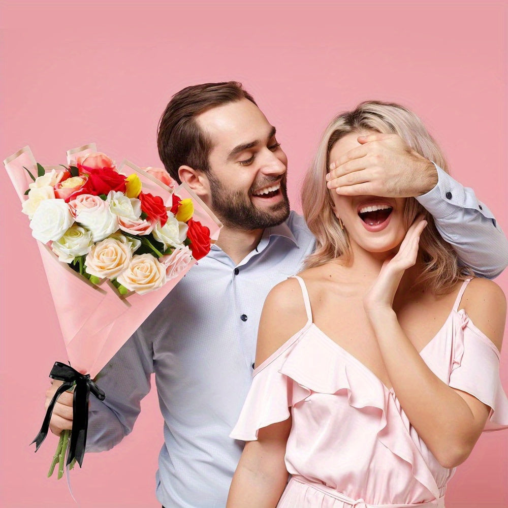 Assorted Flower Wrapping Paper Set with Gold Border and Korean Mesh for Bouquets and Gifts