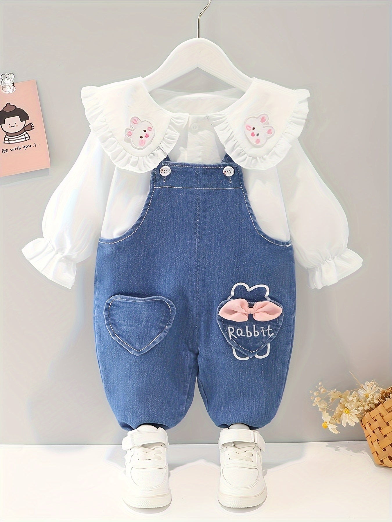 Baby Girl Denim Overalls with Rabbit Embroidery and Ruffled Blouse for Spring and Fall Outdoor Wear
