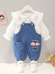 Baby Girl Denim Overalls with Rabbit Embroidery and Ruffled Blouse for Spring and Fall Outdoor Wear
