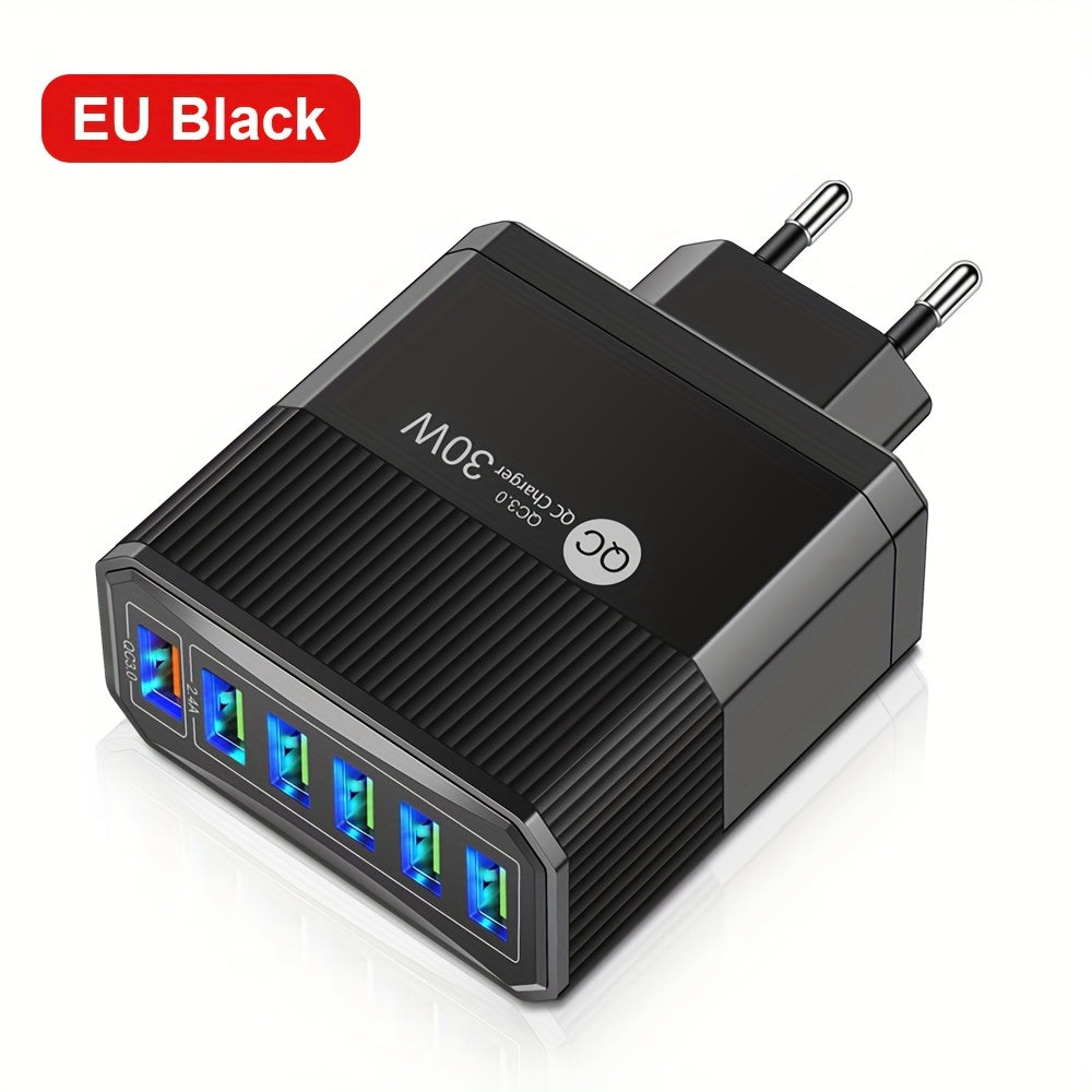 6-port USB devor zaryadkasi 30W tez zaryadlash QC 3.0 EU rozetkasi uchun mobil qurilmalar