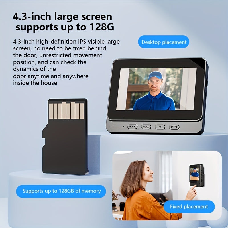 Wireless Video Doorbell with 480P Camera 10.92cm Screen Indoor Monitoring SD Card Support