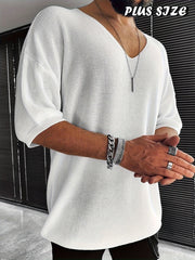 Men's Plus-Size Casual V-Neck Knit Sweater Summer Loose Fit Solid Color