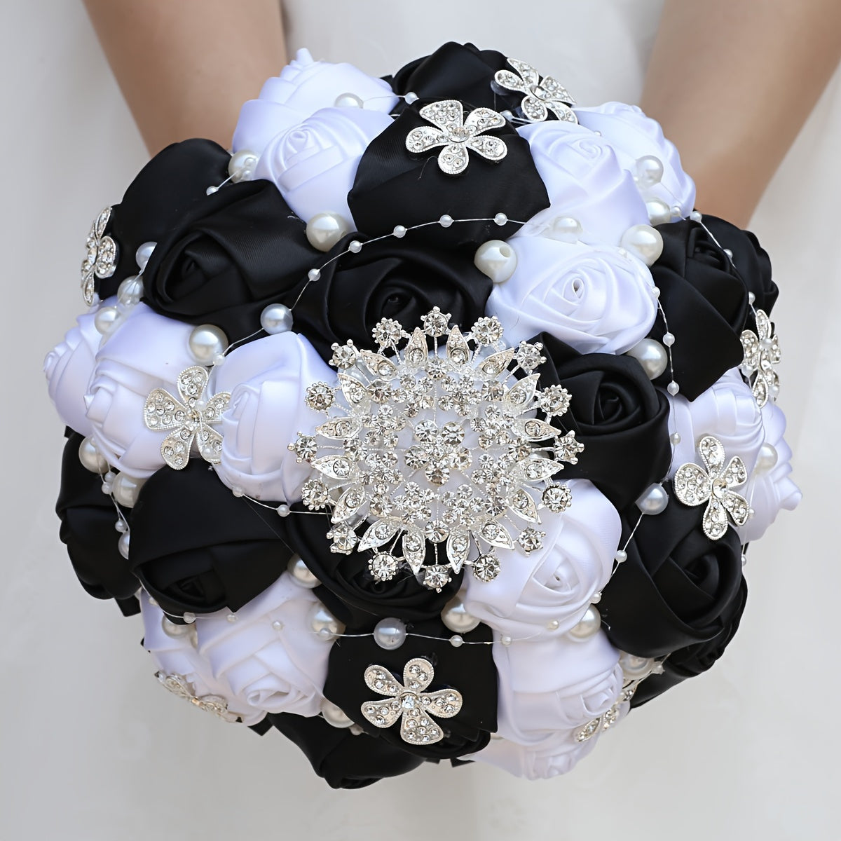Wedding Bridal Satin Flower Handheld Accessory with Faux Pearls and Rhinestones
