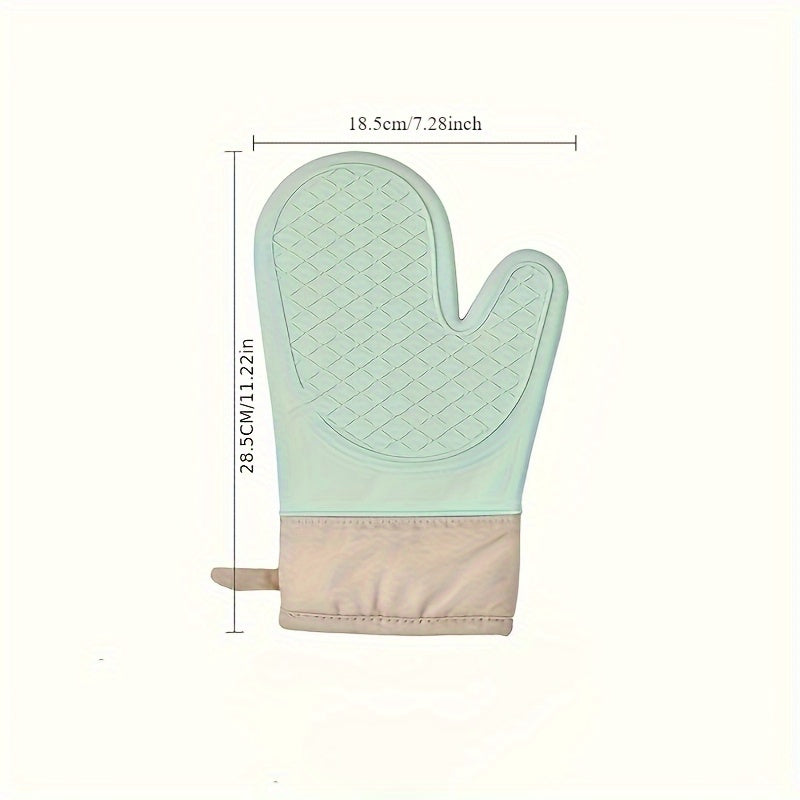 Bir juft qalin, issiqqa chidamli silikon kauchuk qo'lqop, oshxona pechida xavfsiz ishlov berish uchun anti-slip tutqichi bilan. Pishirish va boshqa issiq ishlar uchun mukammal.