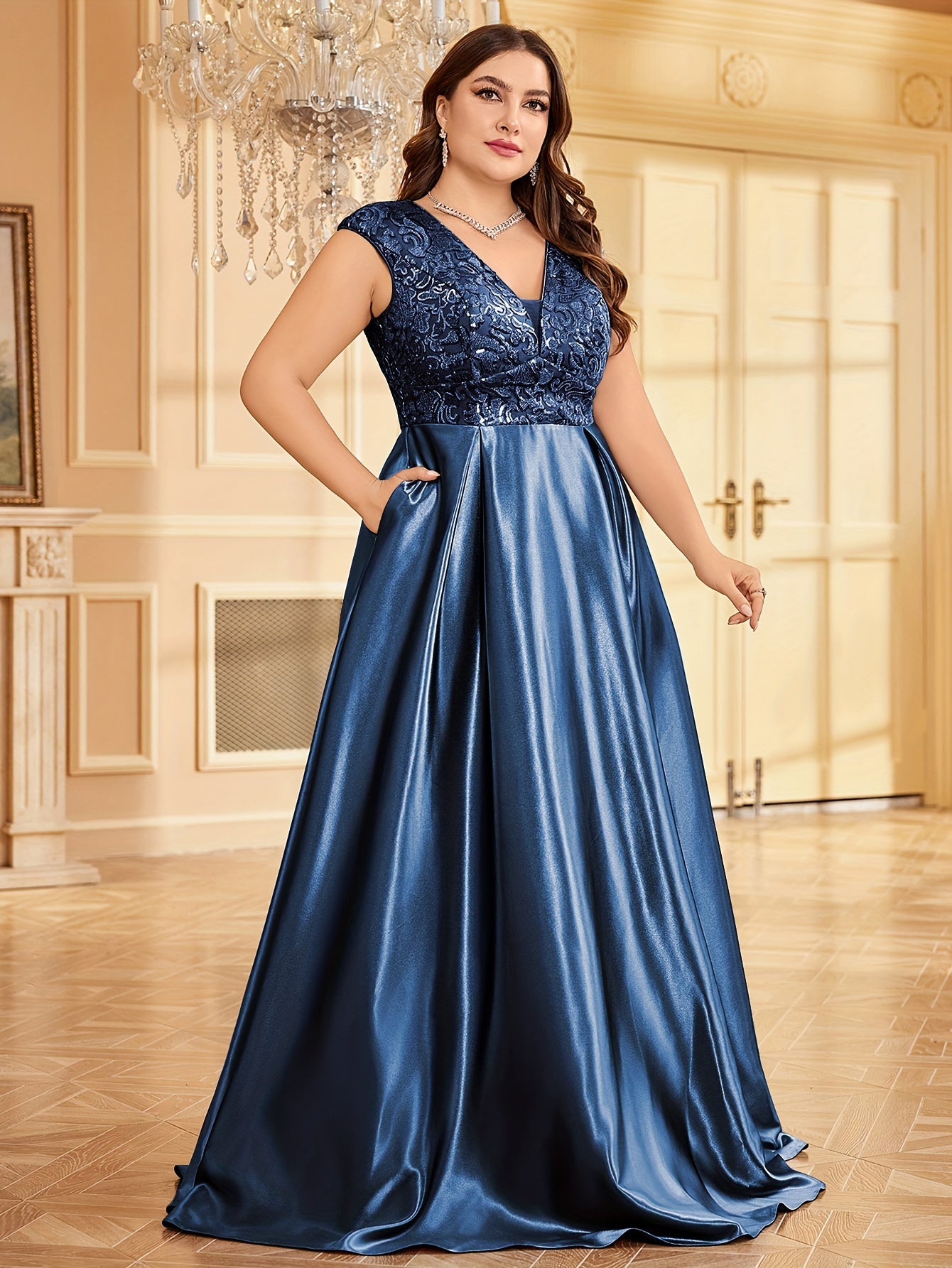 Women’s Sequin Bridesmaid Gown V-Neck Party Dress Plus Size