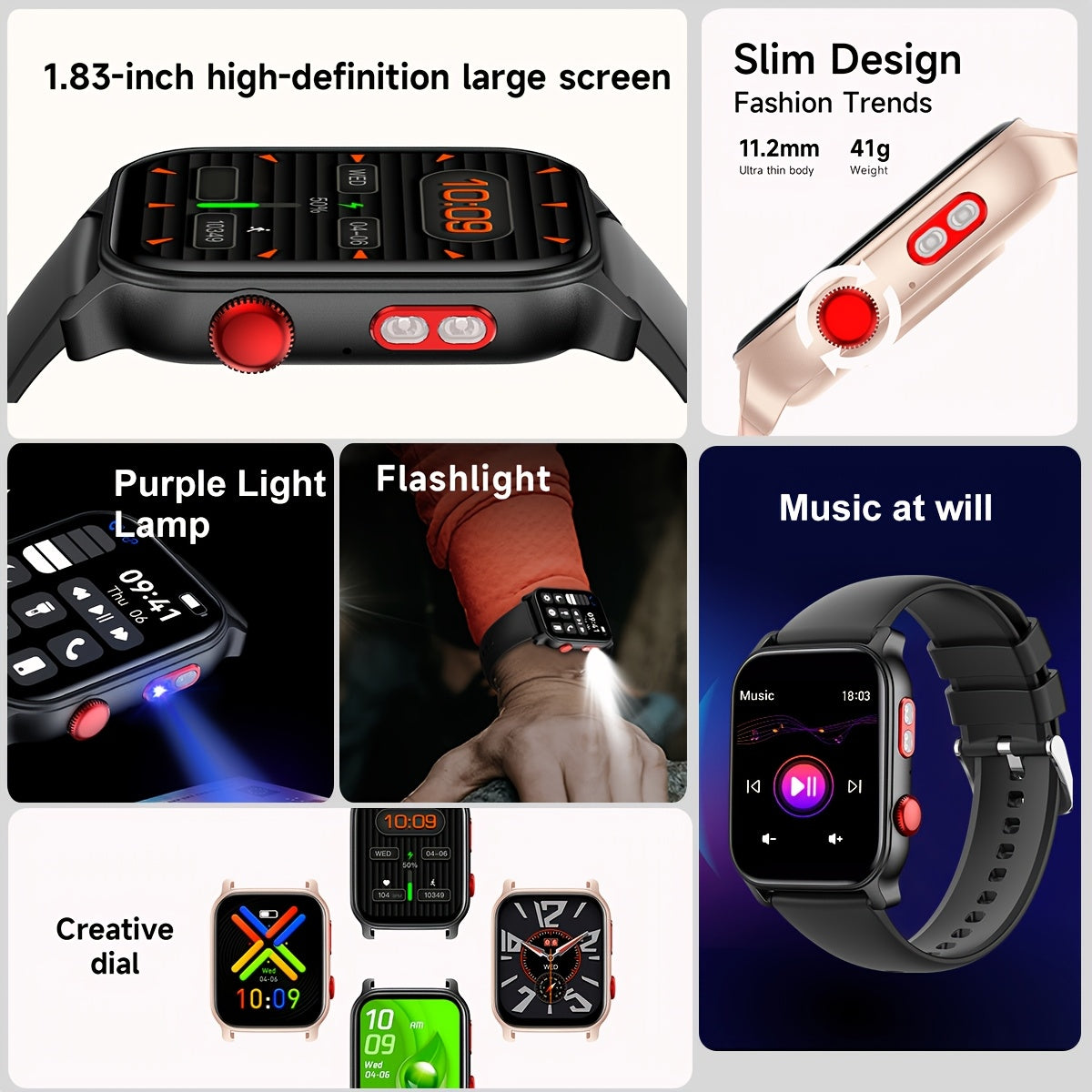 1 Умные часы с IPS-экраном 4,65 см, беспроводными вызовами и набором номера, встроенным светодиодным фонариком, аккумулятором с USB-зарядкой, более 100 спортивными режимами, силиконовым ремешком, для мужчин и женщин, совместимы с