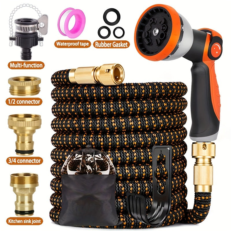 Expandable Garden Hose with 10 Nozzles Rubber Polyester All-Season Non-Tangle Portable for Patio