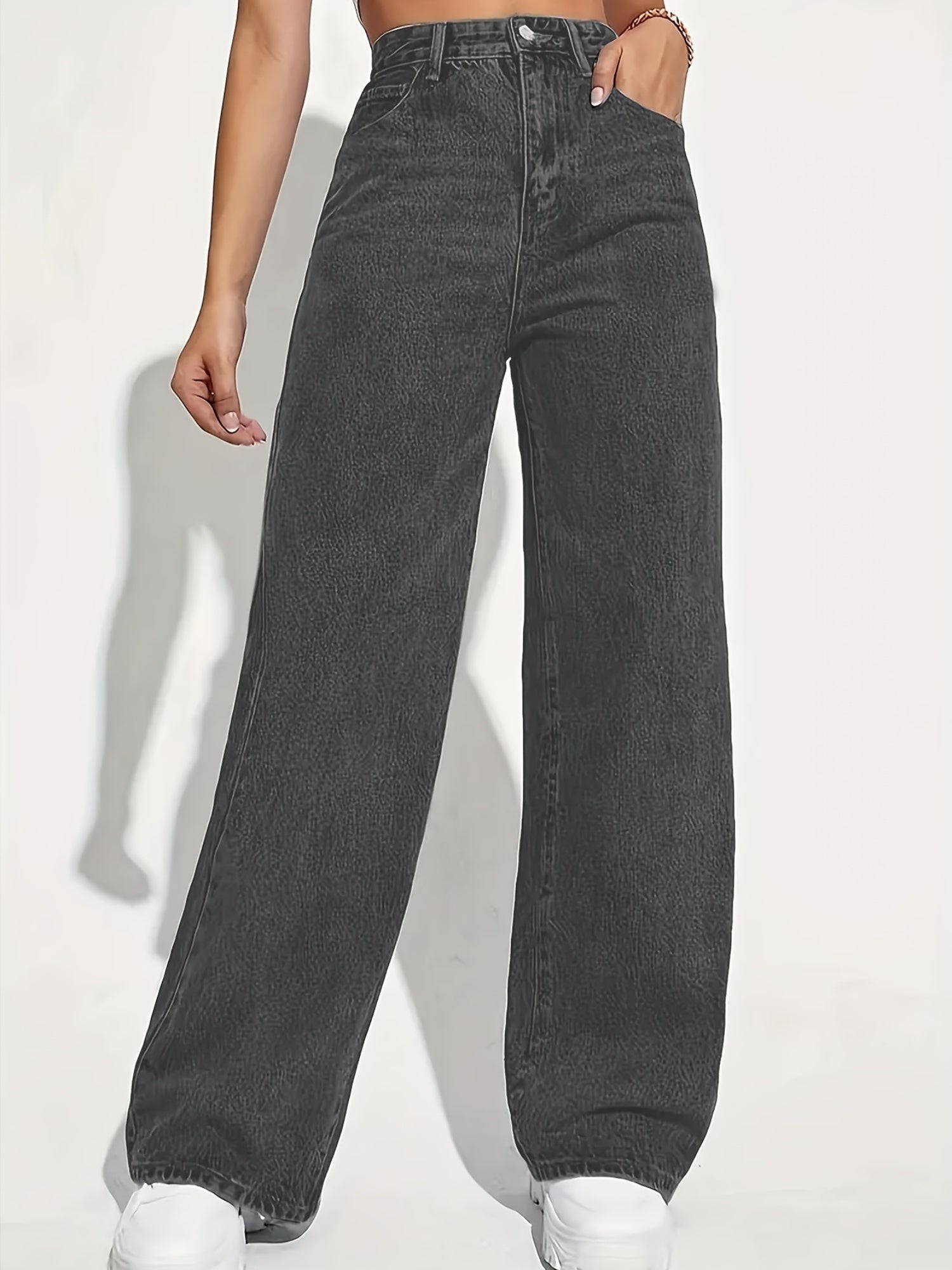 Jeans de mujer de tiro alto y pierna ancha con gran elasticidad, casual, lavado sólido, para primavera, verano y otoño