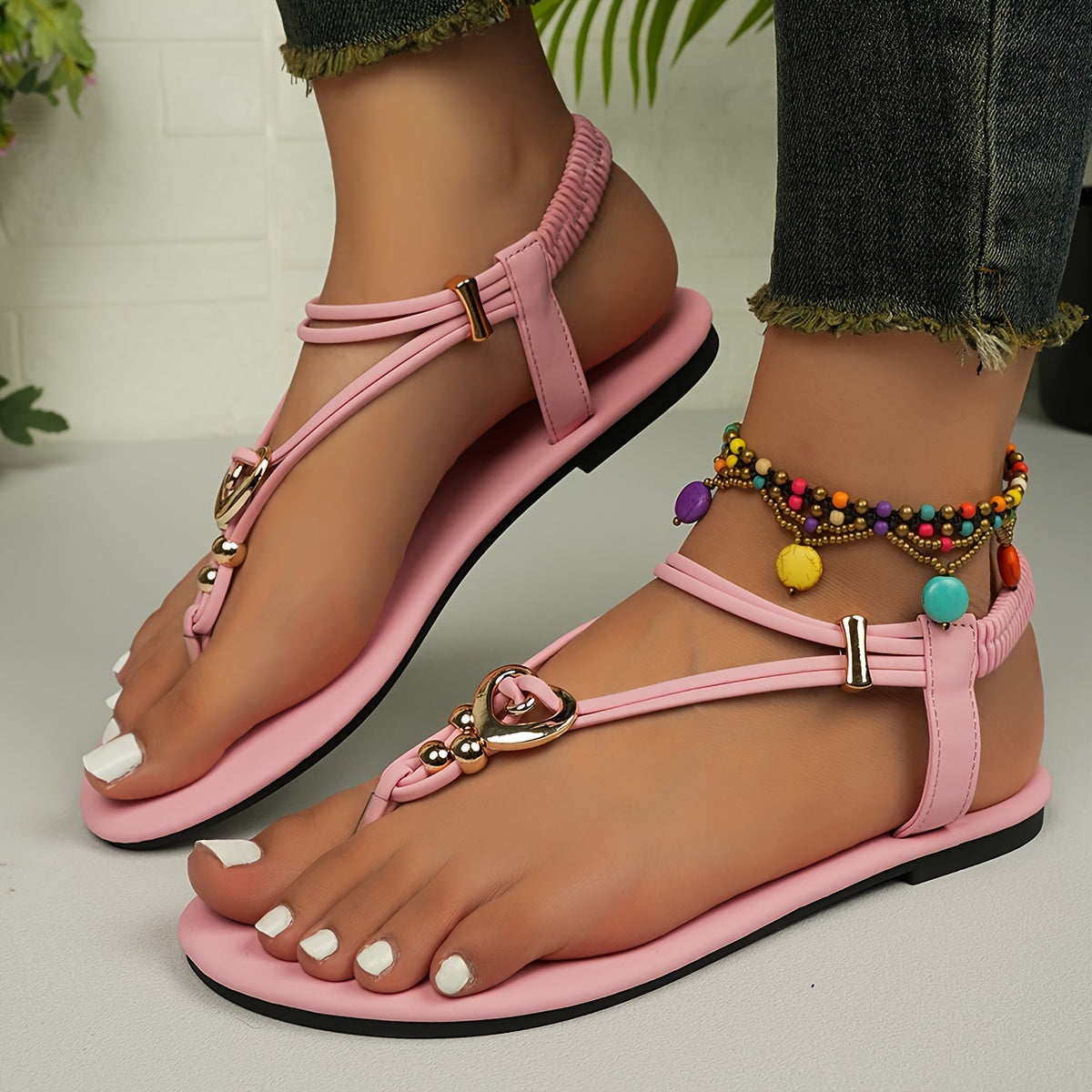 Women's Boho Flat Sandals Elastic Strap Slip-On Casual Beach Shoes