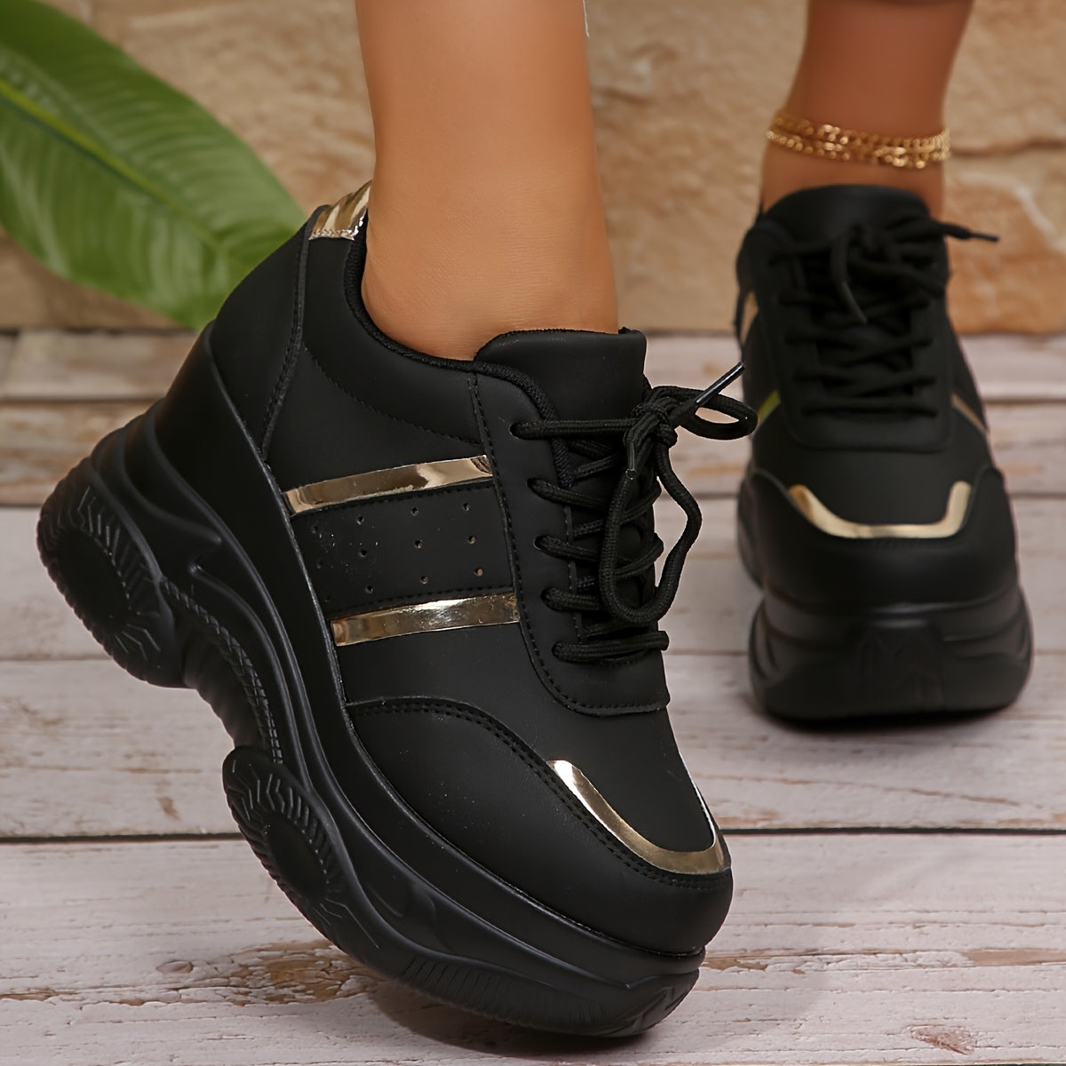 Women's Breathable Sneakers with Rubber Sole Black and Gold Accents