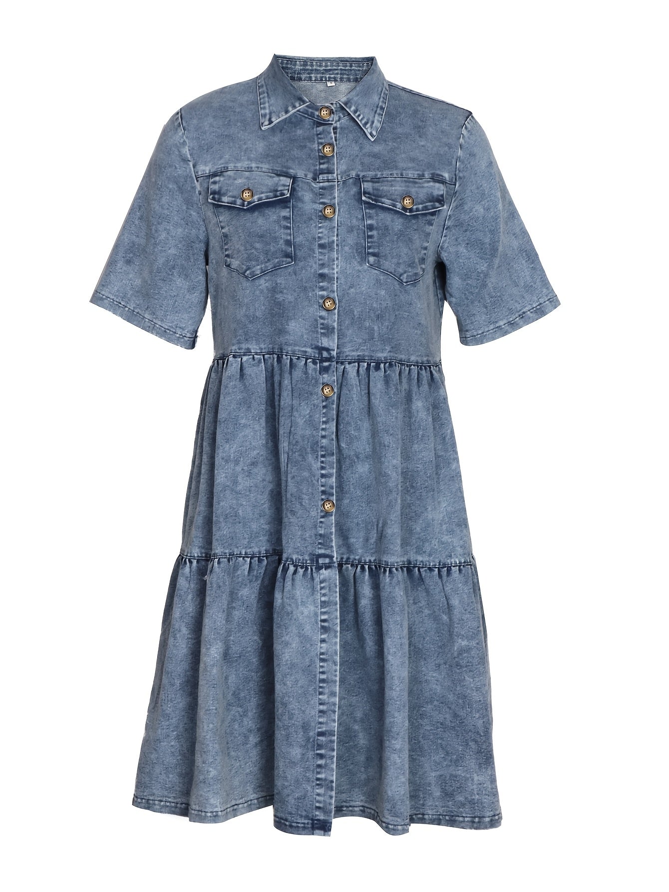 Plus Size Women's Denim Midi Dress Casual Button Front Pockets Short Sleeve