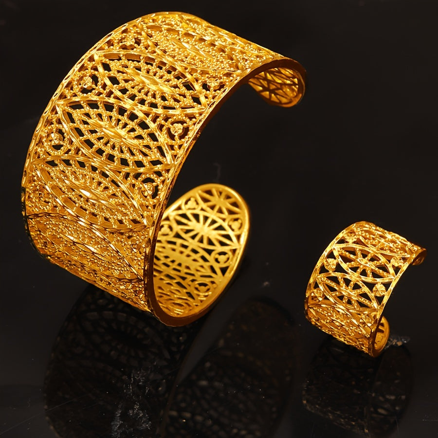 Gold-Plated Jewelry Set for Women Hollow Bangle and Ring Party Banquet Elegant