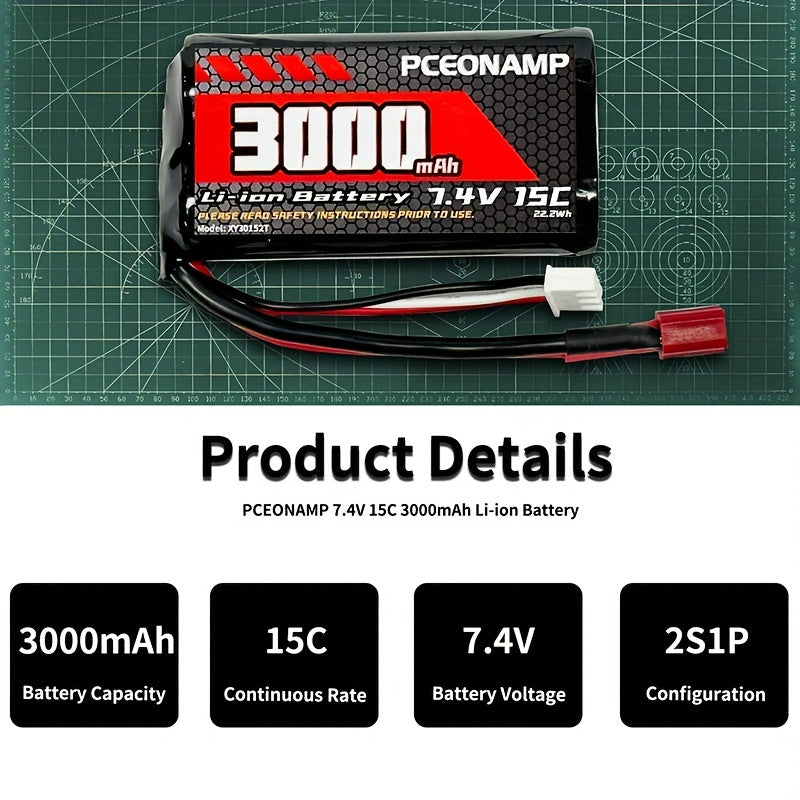 7.4V 3000mAh 2S Li-Ion RC Battery for 1/10 1/12 1/16 Scale RC Cars and Trucks