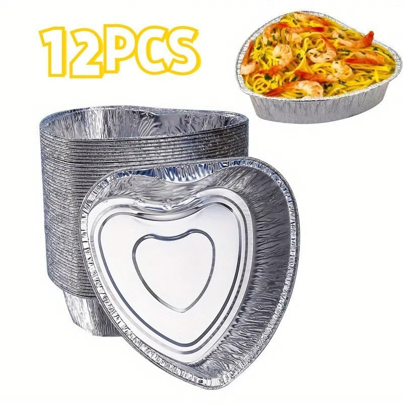 12 Heart-Shaped Aluminum Foil Pans for Baking Roasting and Insulation