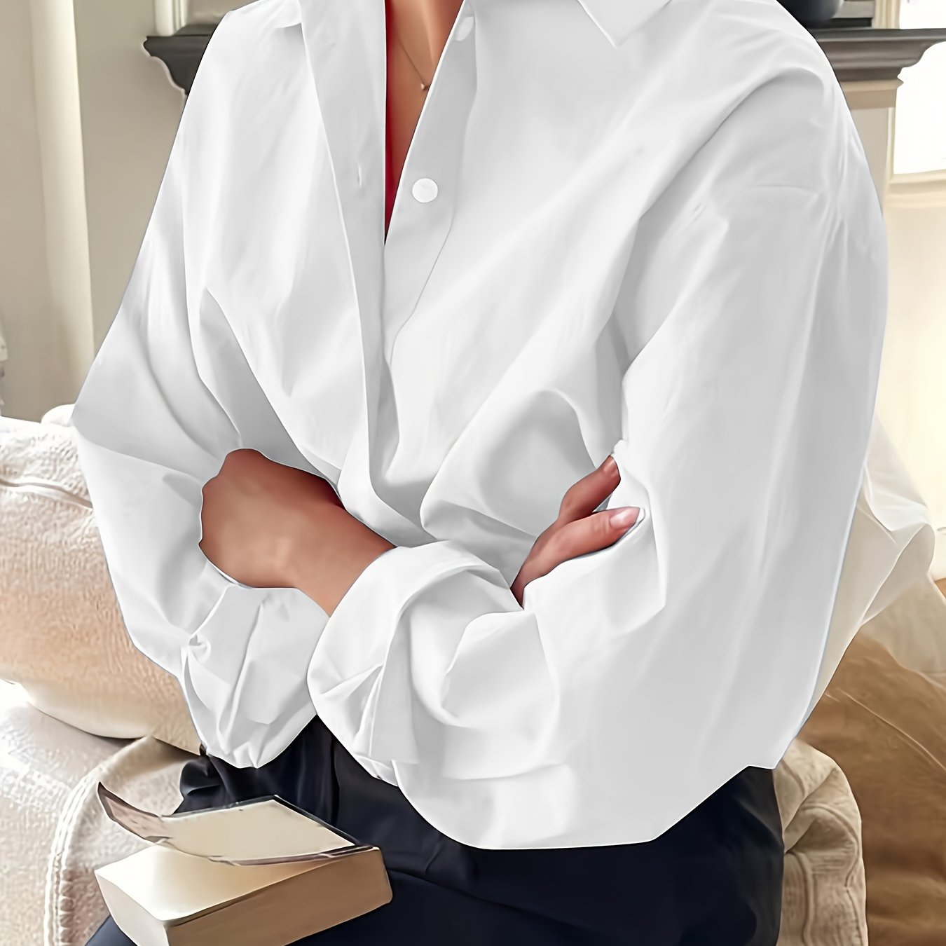 Camisa de manga larga de negocios casual en rosa claro para mujer, poliéster, ropa de oficina para todas las estaciones