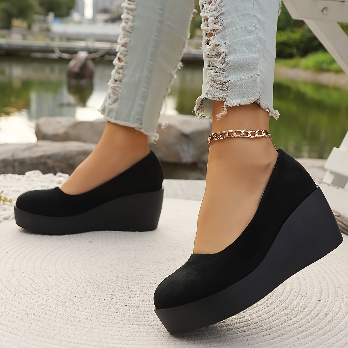 Women's Black Slip-On Platform Wedge Loafers for Casual Daily Wear