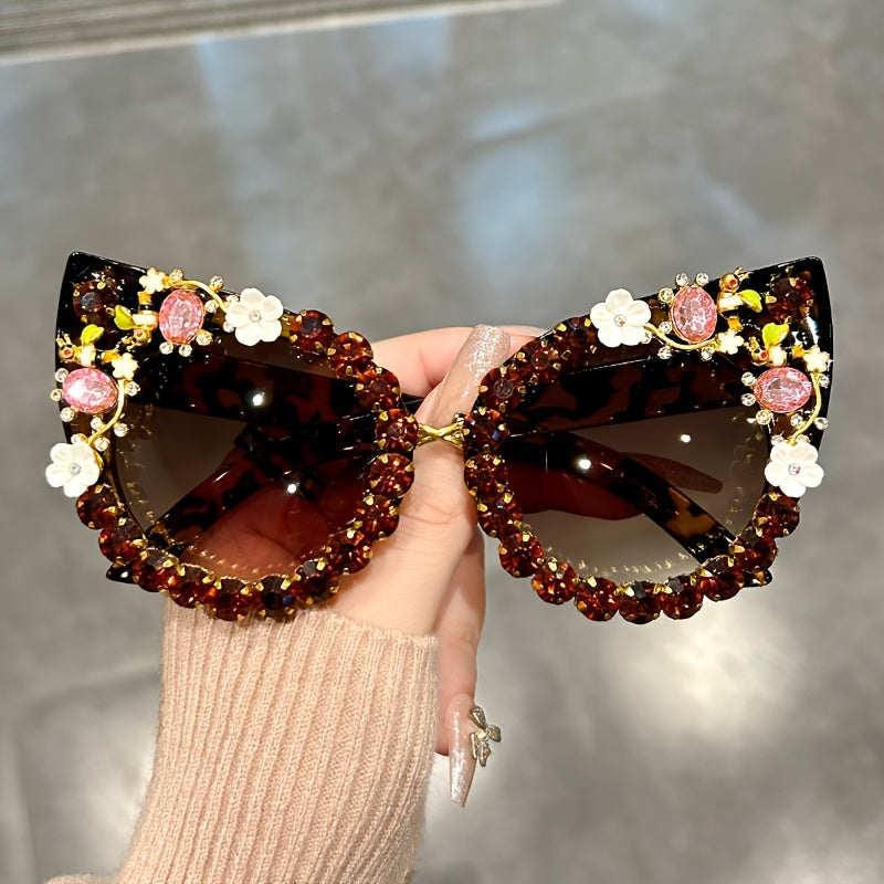 Gafas de sol con cristales en forma de gato, con rhinestones y degradado floral para fiestas de disfraces y prom.