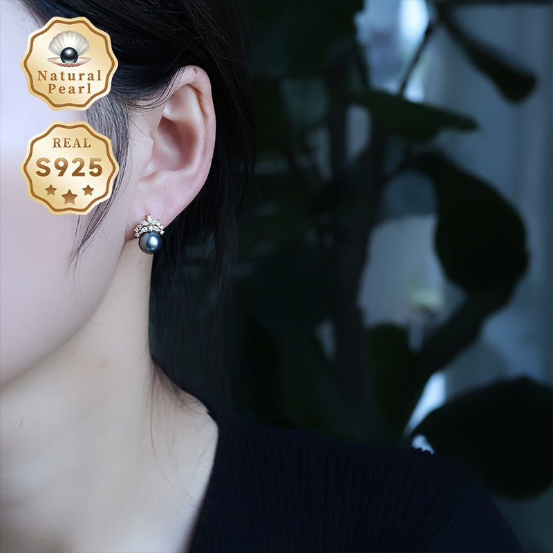 Sterling Silver Pearl Earrings 8-9mm Black Round Natural Deep Sea Jewelry for Women