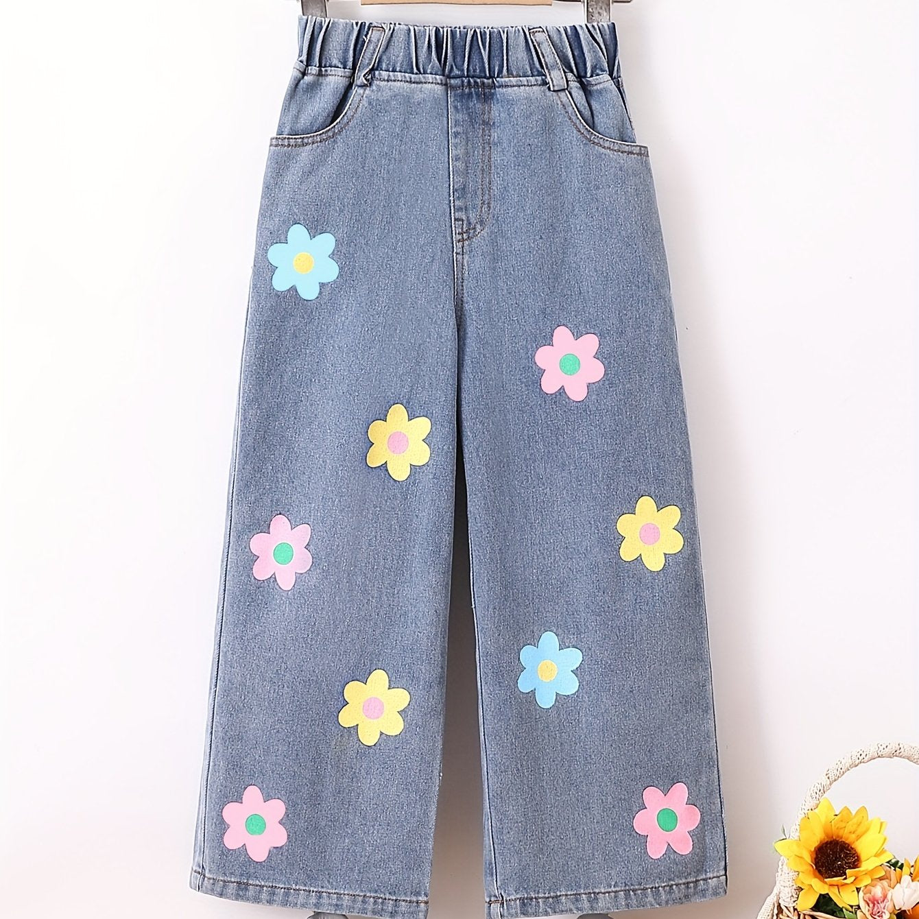 Girls' Floral Wide Leg Denim Jeans with Elastic Waist for Girls Over 3 Years Old