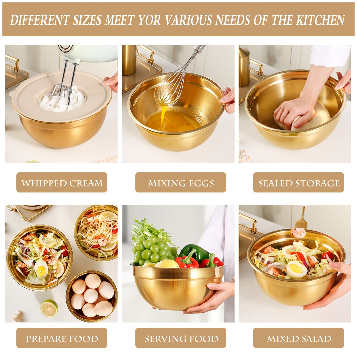 Stainless Steel Mixing Bowl Set with Lids, Gold, Various Sizes, Dishwasher Safe