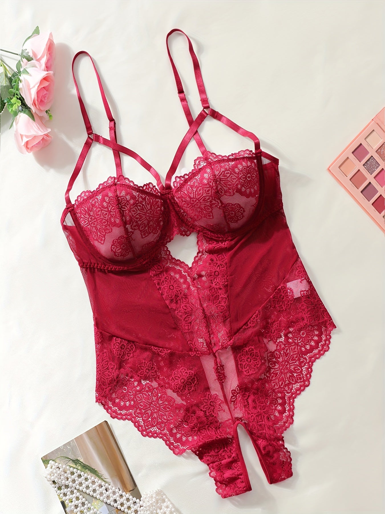 Conjunto de lencería sexy de encaje para mujer, con espalda abierta y borde festoneado, talla grande