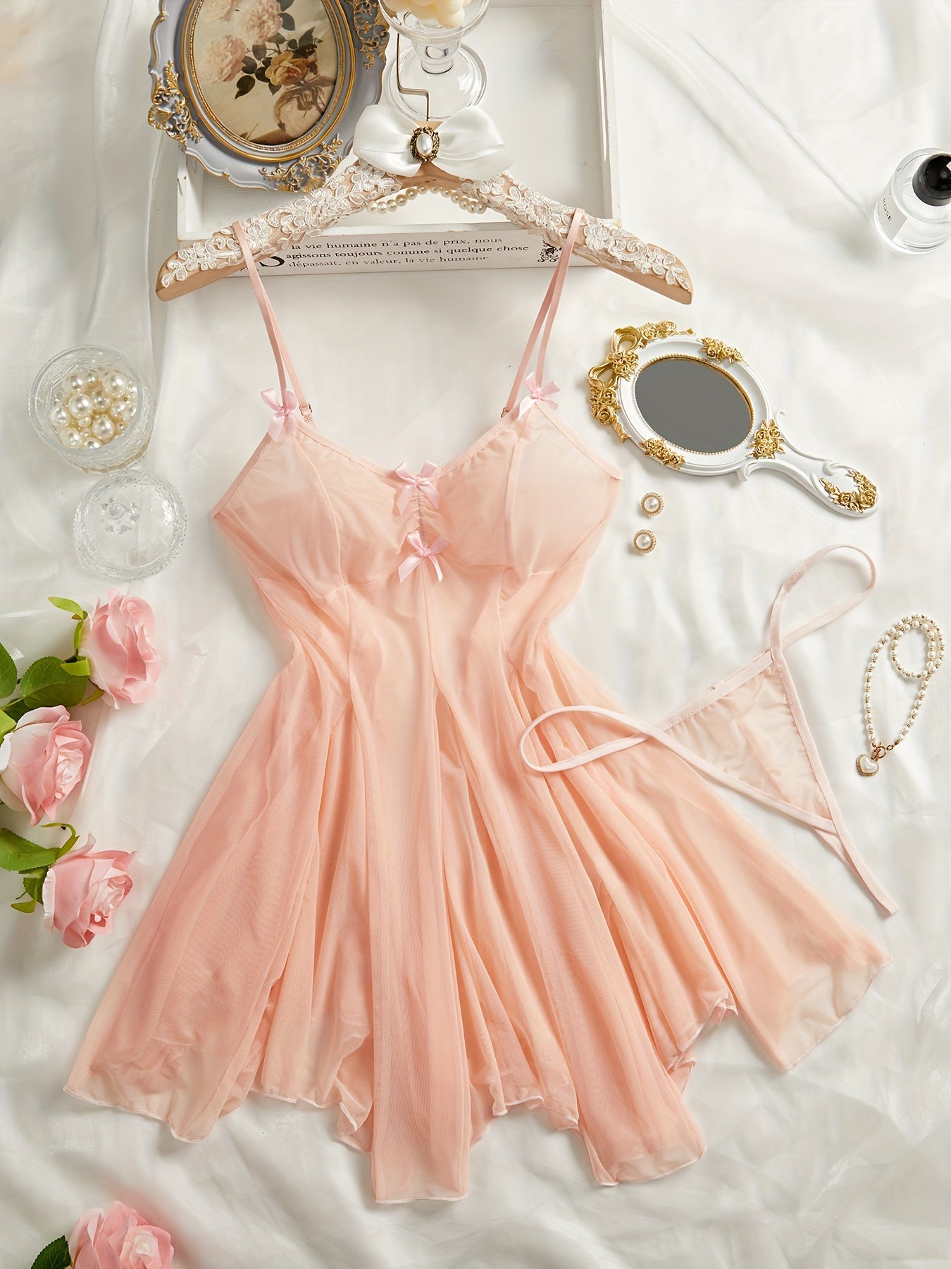 Pink Mesh Babydoll Dress with Satin Bow Accents and Adjustable Straps Lingerie