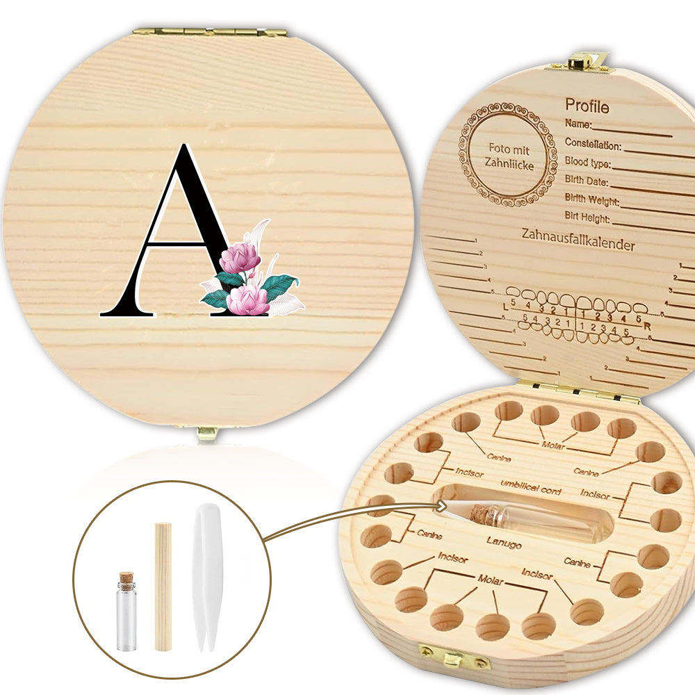 Bolalarining yoʻqolgan sut tishlari uchun yogʻochdan yasalgan saqlash qutisi, 20 tishgacha saqlash joyi bilan. Oq marmar harf naqshli dizayn. Ajoyib sovgʻa gʻoyasi.