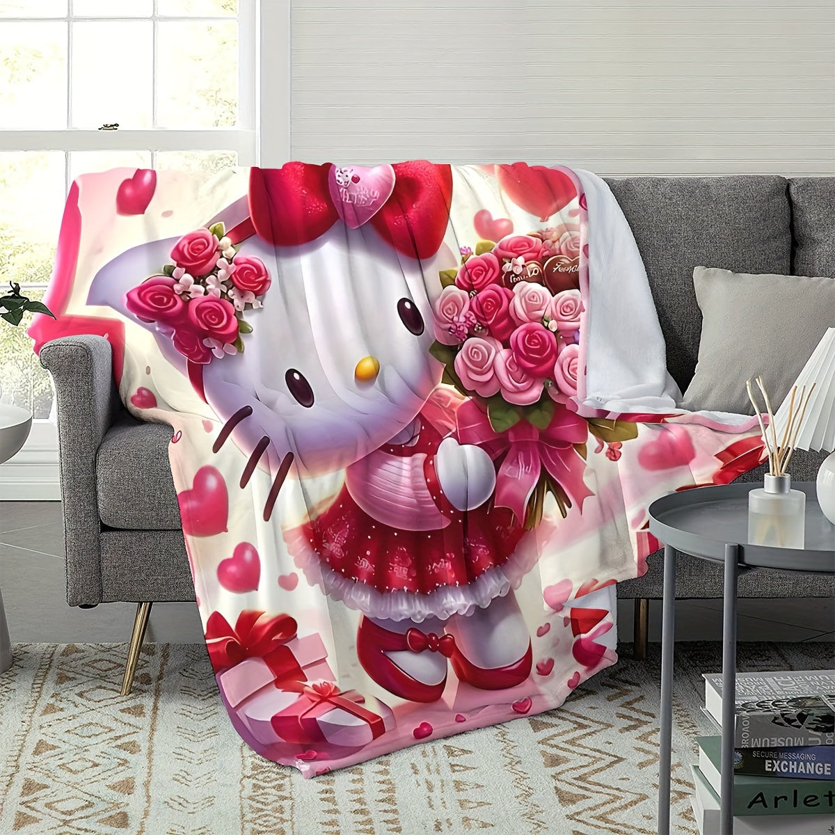 Kids Flannel Throw Blanket with Hello Kitty Digital Print Soft Plush Polyester All-Season Cozy Bed Sofa Use