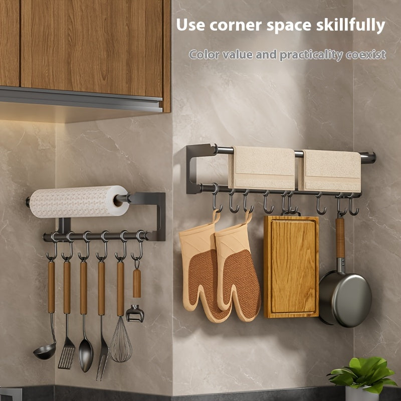 Stainless Steel Wall-Mounted Kitchen Organizer with Tissue Holder and Hooks
