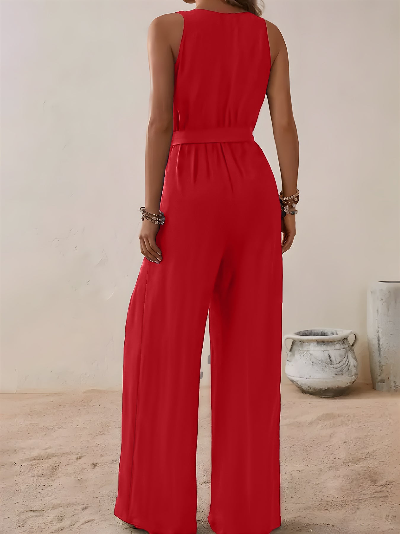 Plus Size Women's V-Neck Sleeveless Jumpsuit with Adjustable Waist Wide-Leg Pants