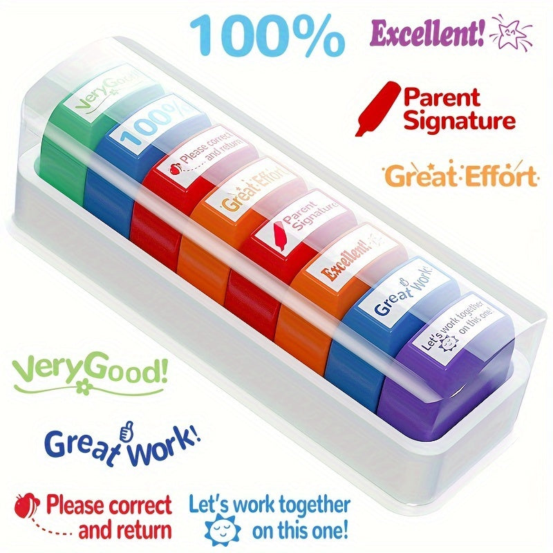 Classroom Stamp Set with Storage Tray, 8 Grading and Parent Signature Stamps