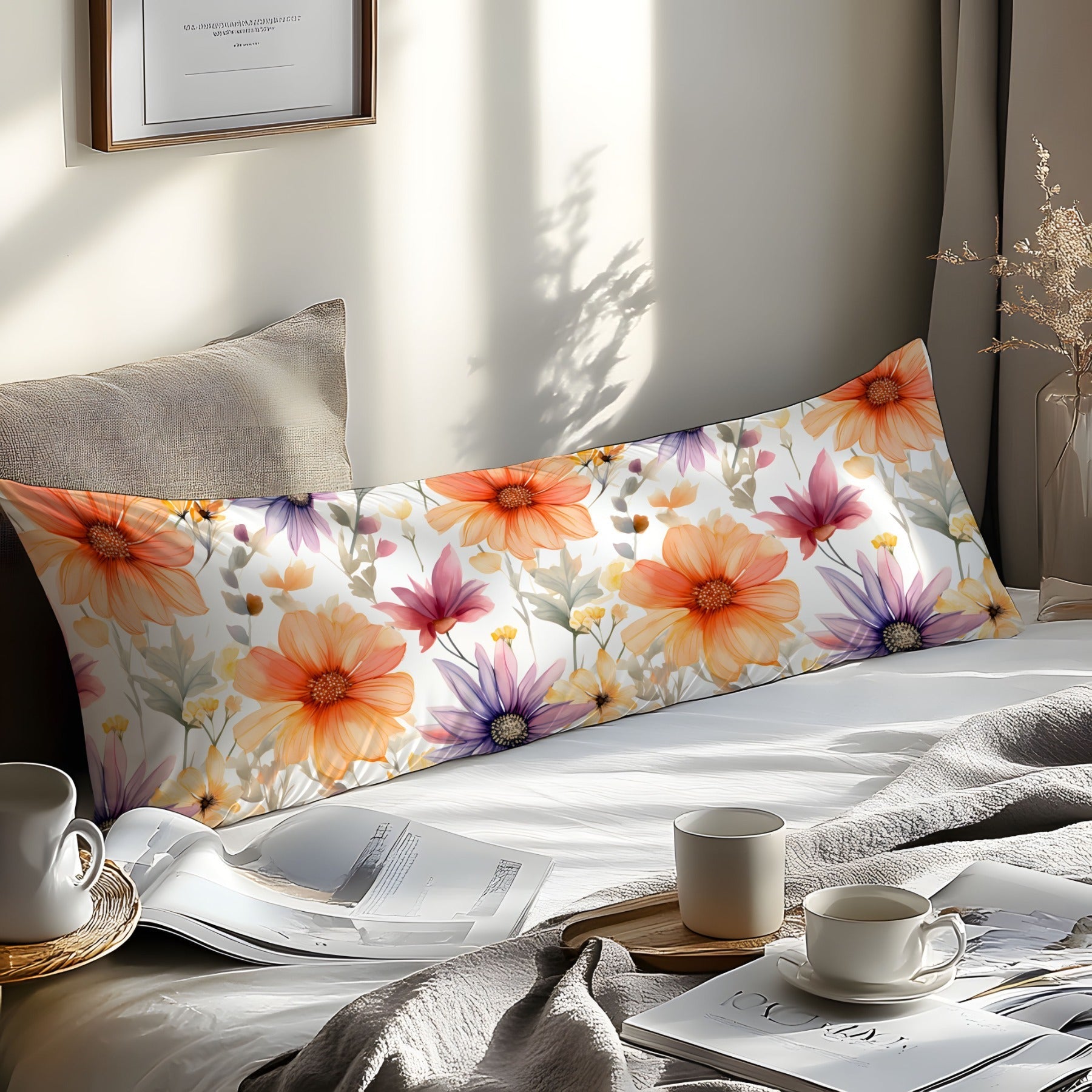 Orange Floral 3D Print Pillowcase Soft Skin-Friendly Fabric Machine Washable Envelope Closure Bedroom Guest Room Hotel