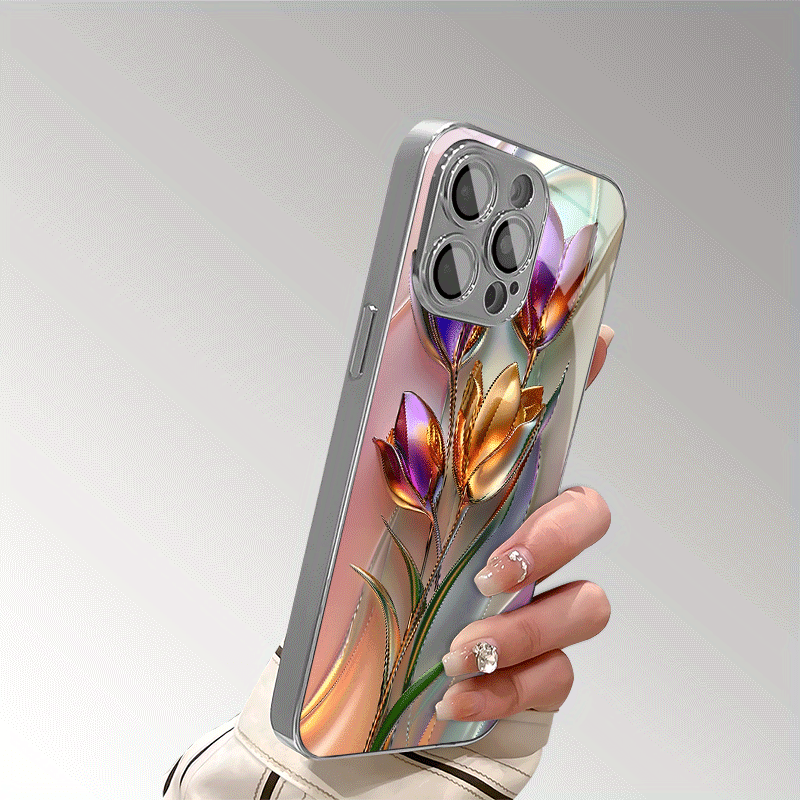 Funda de teléfono de vidrio con patrón de tulipán 3D colorido y protección para lente para modelos de iPhone, protección contra caídas, vidrio templado