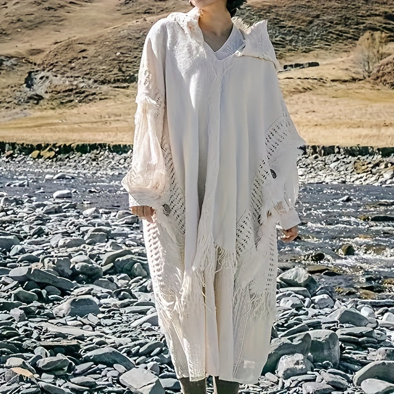 White Bohemian Style Fringed Hooded Poncho for Women Knitted Sweater Casual Shawl