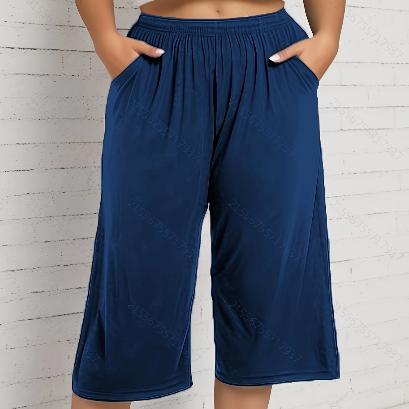 Women's Plus Size Stretchy Capri Pants with Pockets Black Wide Leg