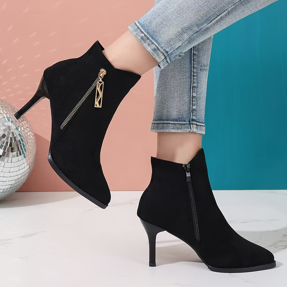 Women's Nubuck Leather Pointed Toe Boots with Zipper, 3-Inch Heel, Slip-Resistant Sole