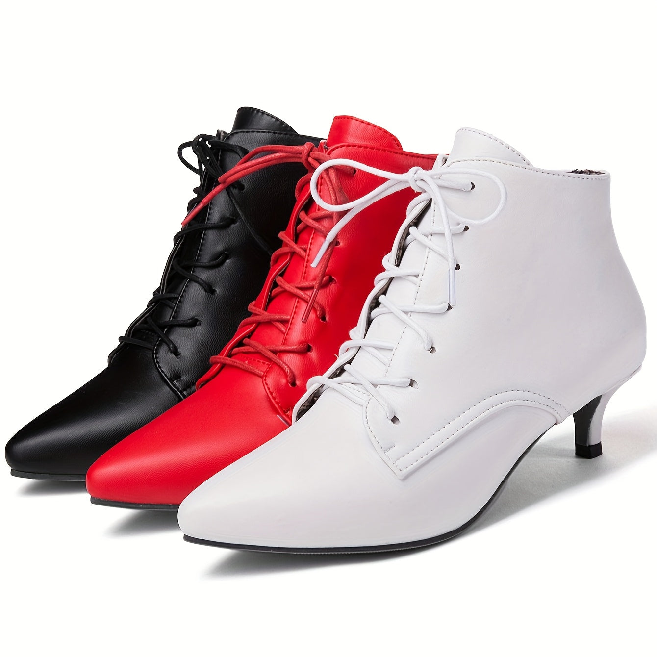 Women's White Pointed Toe Mid-Heel Ankle Boots Lace-Up Faux Cover Rubber Sole