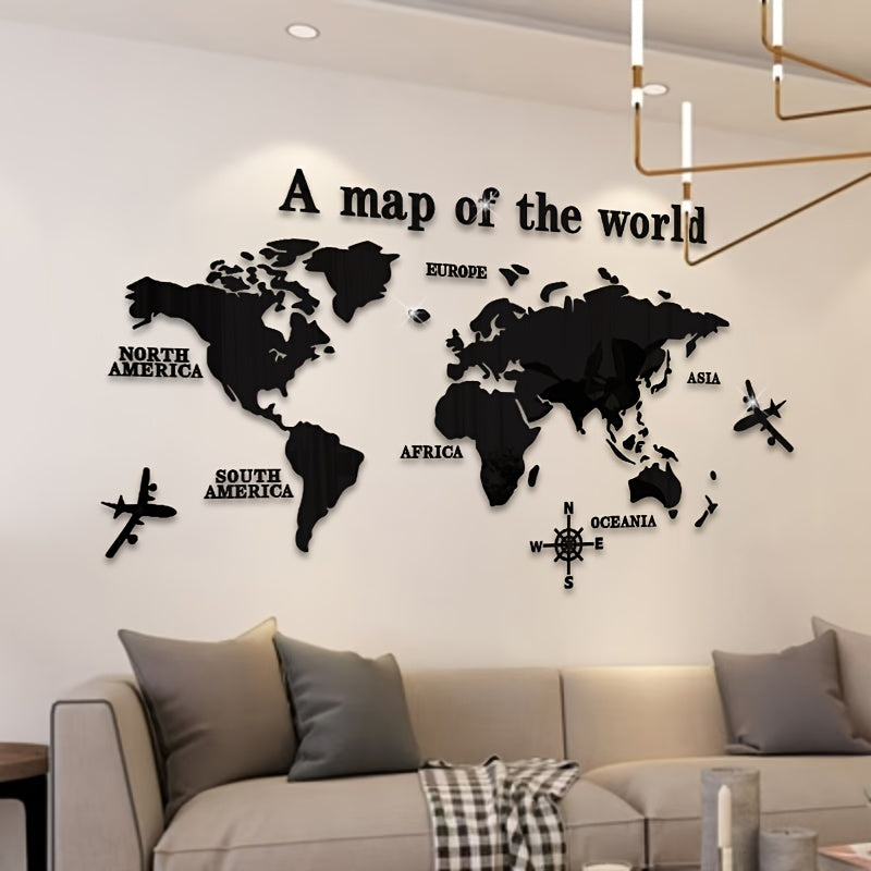 Bohemian Acrylic Wall Decor Map of the World with Airplane and Compass Rose 1mm Thick Adhesive Backing for Classroom Office Bedroom Living Room