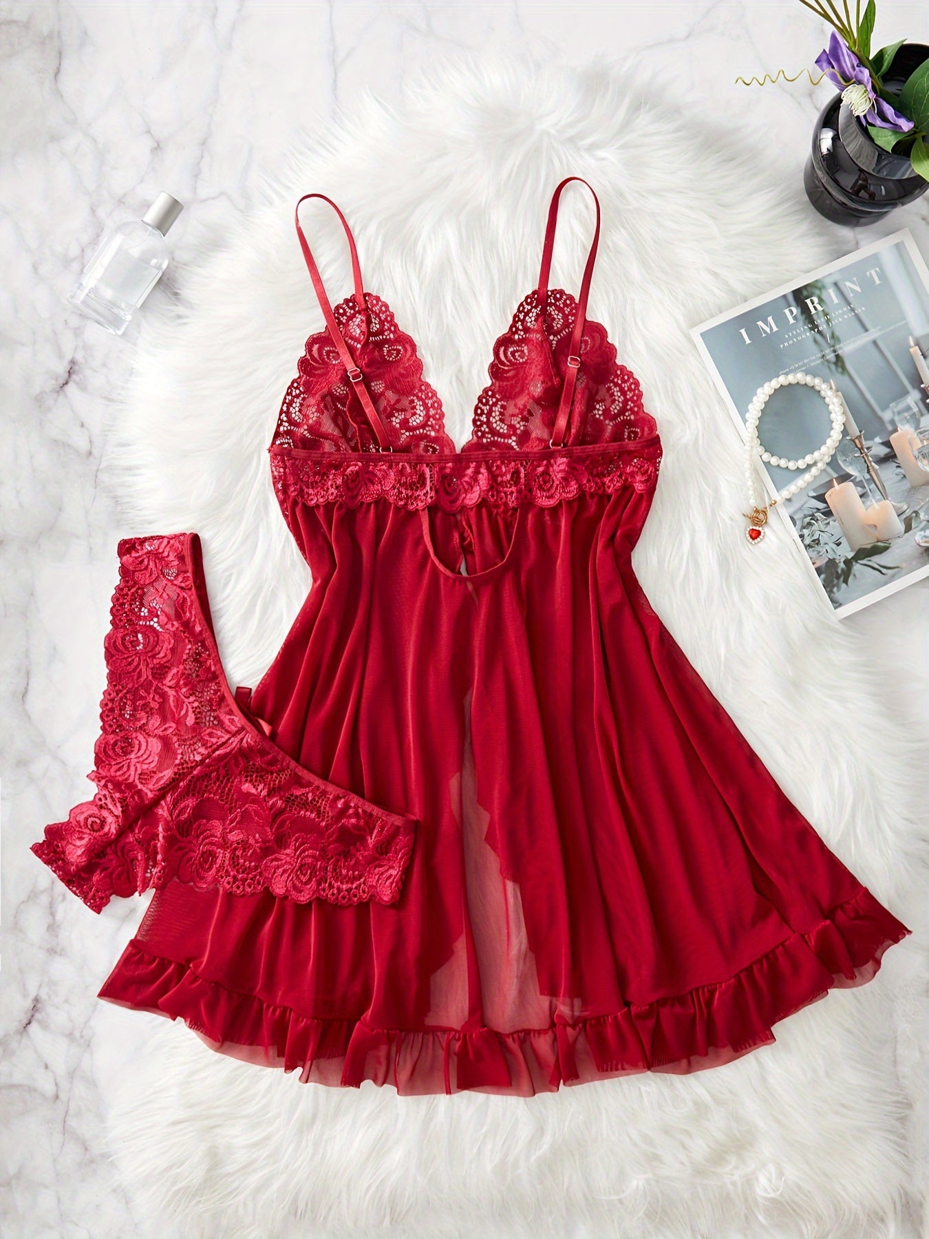 Women's Lace Ruffle Lingerie Set with Deep V Slip Dress and Thong
