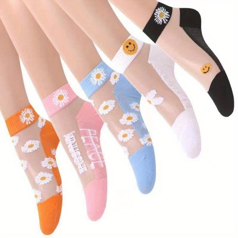 Women's Floral Print Short Socks 5 Pairs Breathable Lightweight Transparent Hosiery