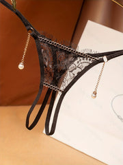 Women's Floral Lace Thong with Pearl Pendant Open Crotch Low Waist Lingerie