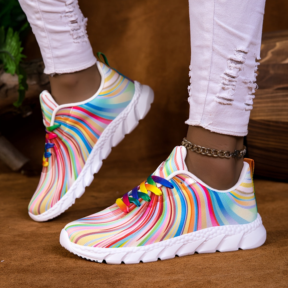 Women's Casual Sneakers Low Top Breathable Fabric Rainbow Stripes Lightweight Shoes