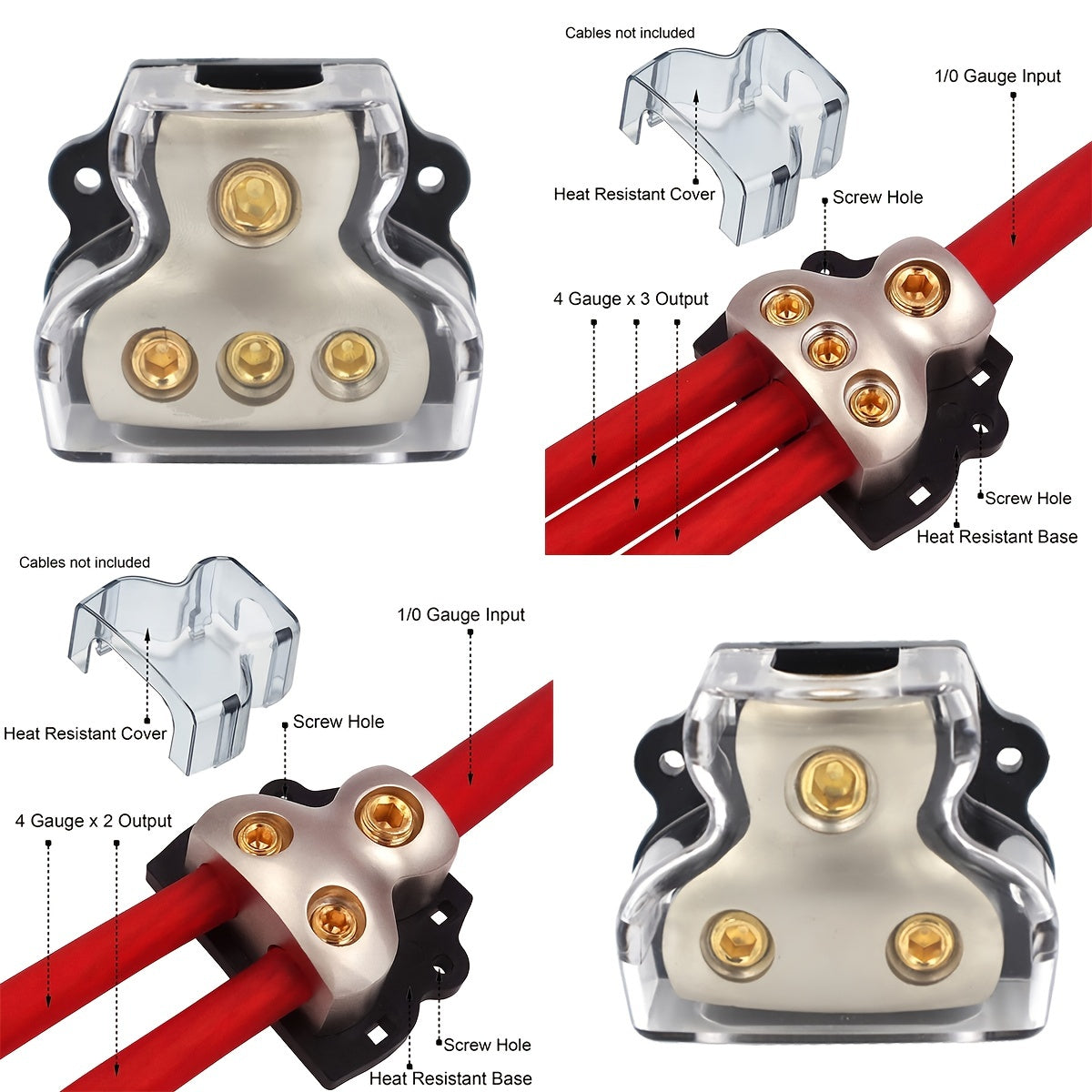 Bloque de distribución de energía de alta conductividad de 1/0 AWG a 3x4 AWG, aluminio resistente al calor con acabado en níquel