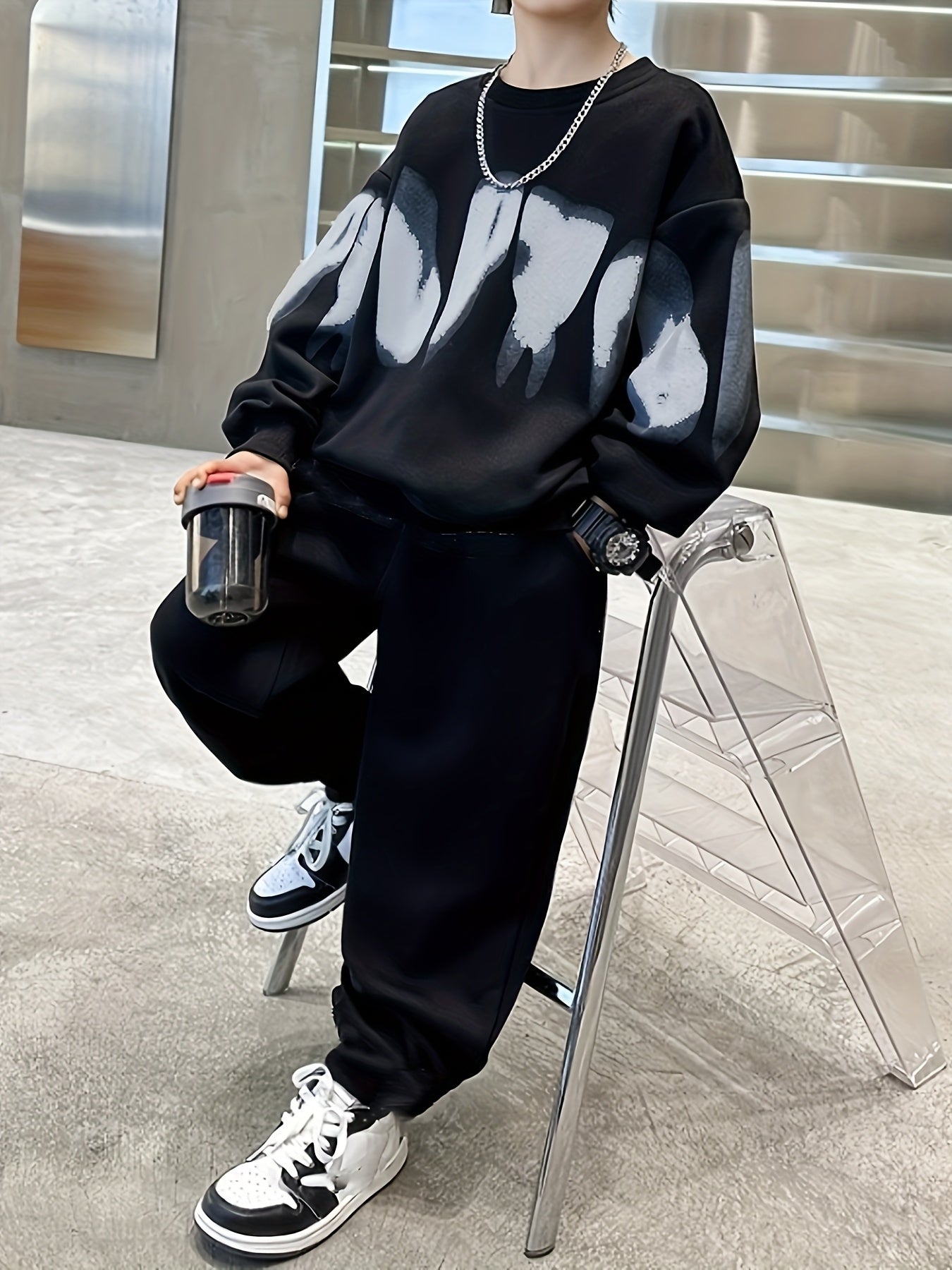 Men's Casual W Print Sweatshirt and Pants Set Black White Letter Design Polyester Fall Winter Comfortable Pockets